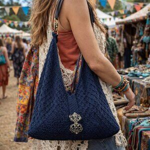 Hand Crafted Knit Three Triangle Cotton Bag Purse Tote Hobo